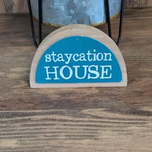 Staycation House Teal and Natural Wood Plaque Decor